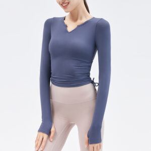 2025 new european and american fitness tops, women's v neck nude tight fitting, slimming drawstring yoga clothes, running sports long sleeves