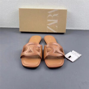 za2025 autumn new brown cutout square toe flat slippers casual outer wear open toe slippers beach shoes